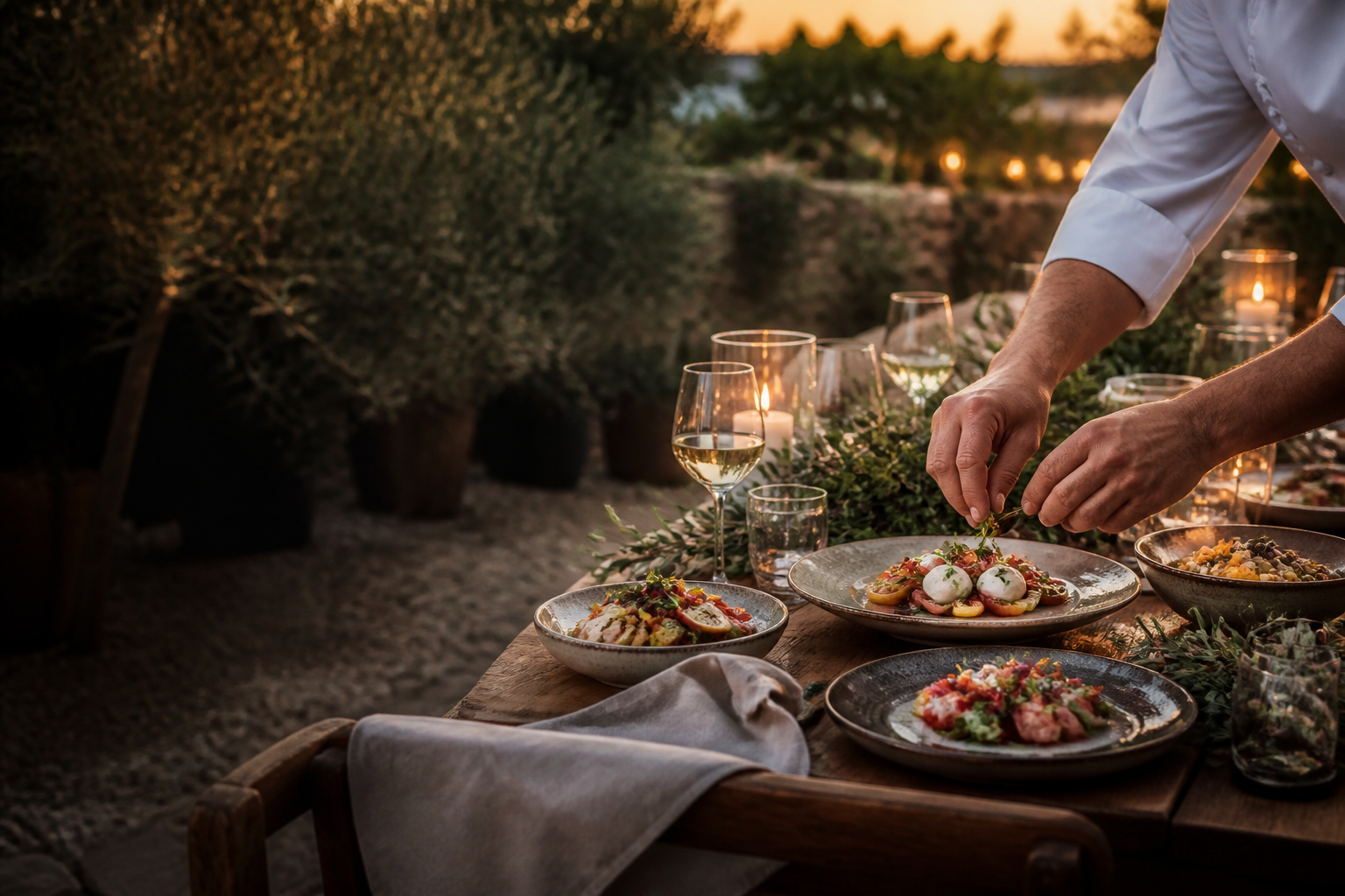 An elegant outdoor catering table set with seasonal food